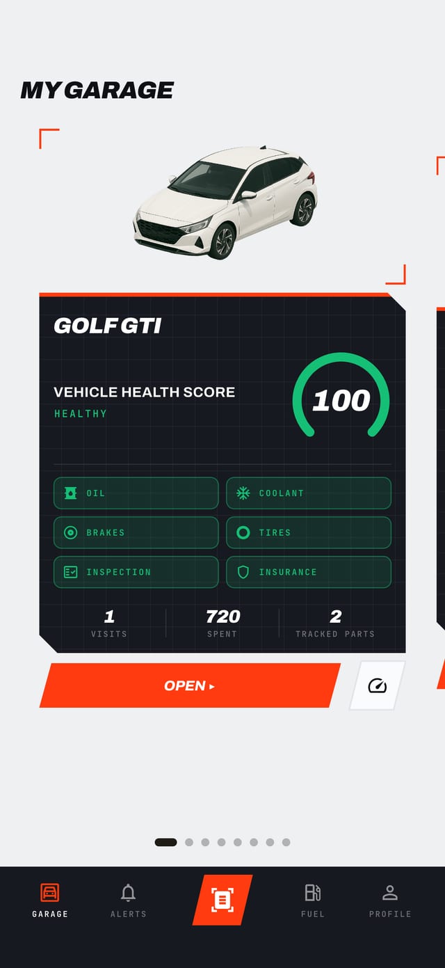 Carteca garage screen showing a vehicle health score